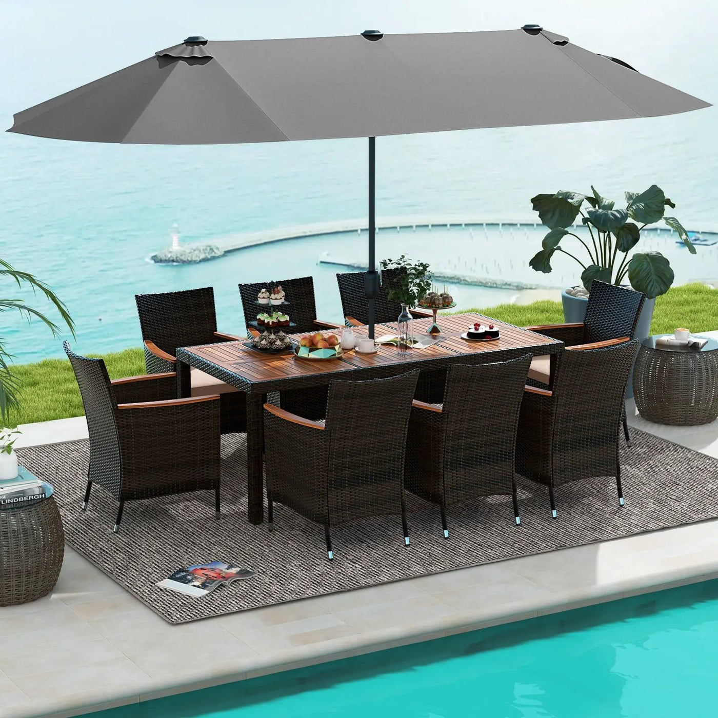11 Pieces Patio Dining Set with 15 Feet Double-Sided Patio Umbrella and Base by DirectDeals
