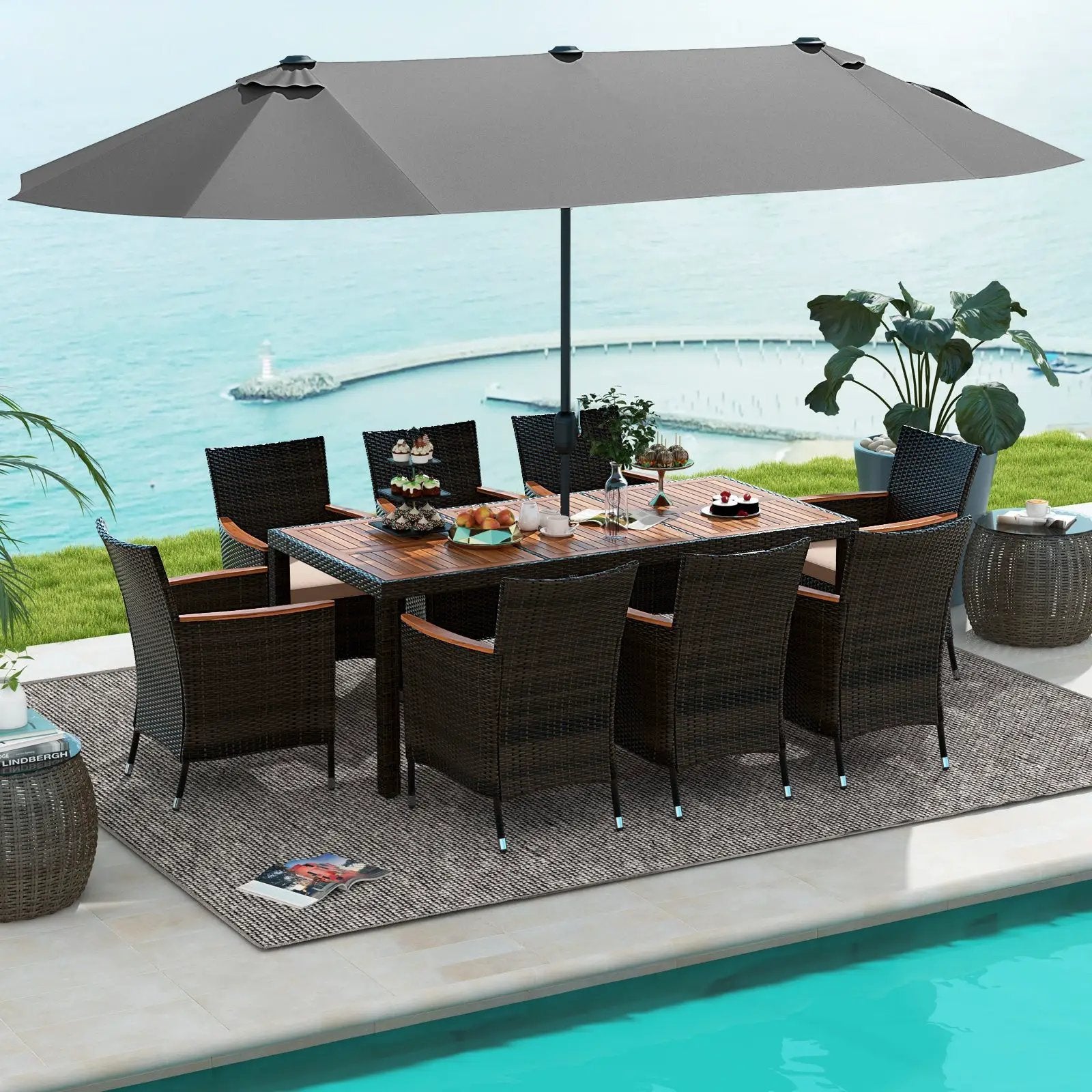 11 Pieces Patio Dining Set with 15 Feet Double-Sided Patio Umbrella and Base by DirectDeals