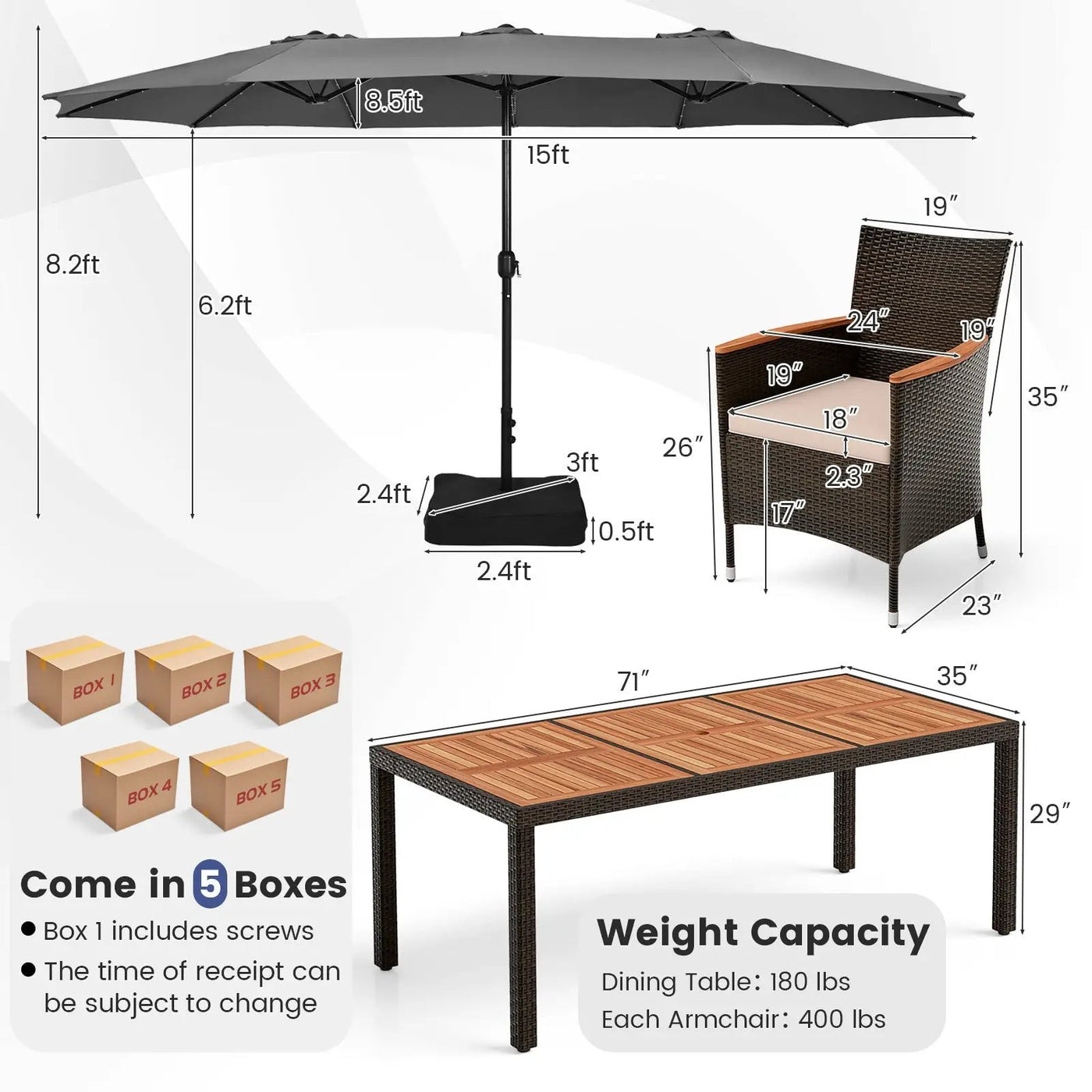 11 Pieces Patio Dining Set with 15 Feet Double-Sided Patio Umbrella and Base by DirectDeals