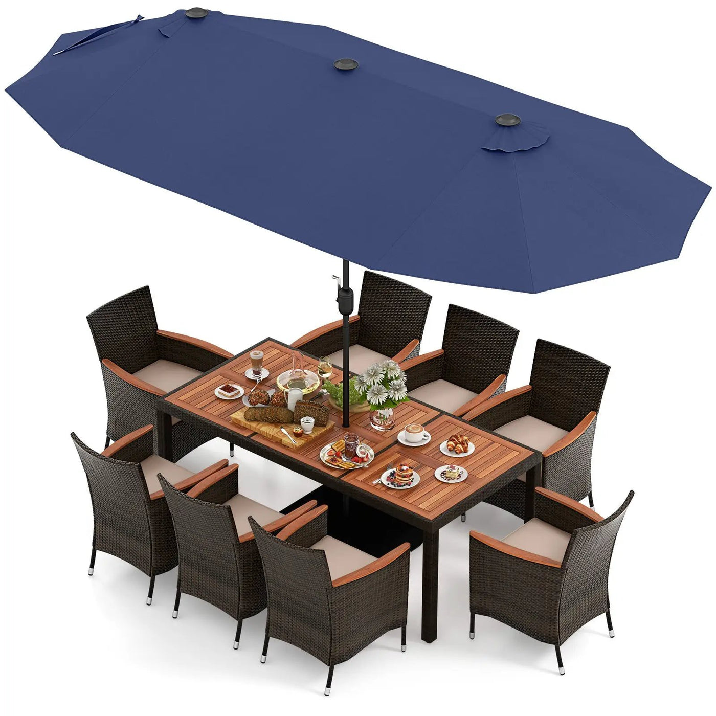 11 Pieces Patio Dining Set with 15 Feet Double-Sided Patio Umbrella and Base by DirectDeals
