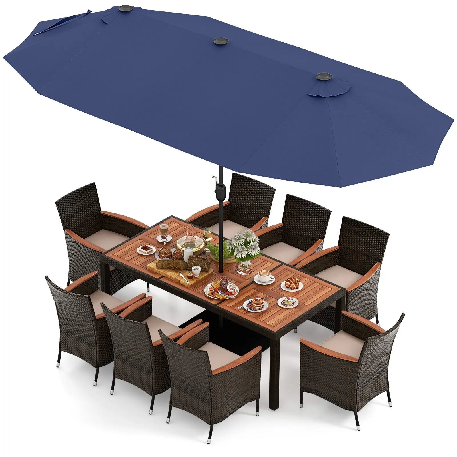 11 Pieces Patio Dining Set with 15 Feet Double-Sided Patio Umbrella and Base by DirectDeals