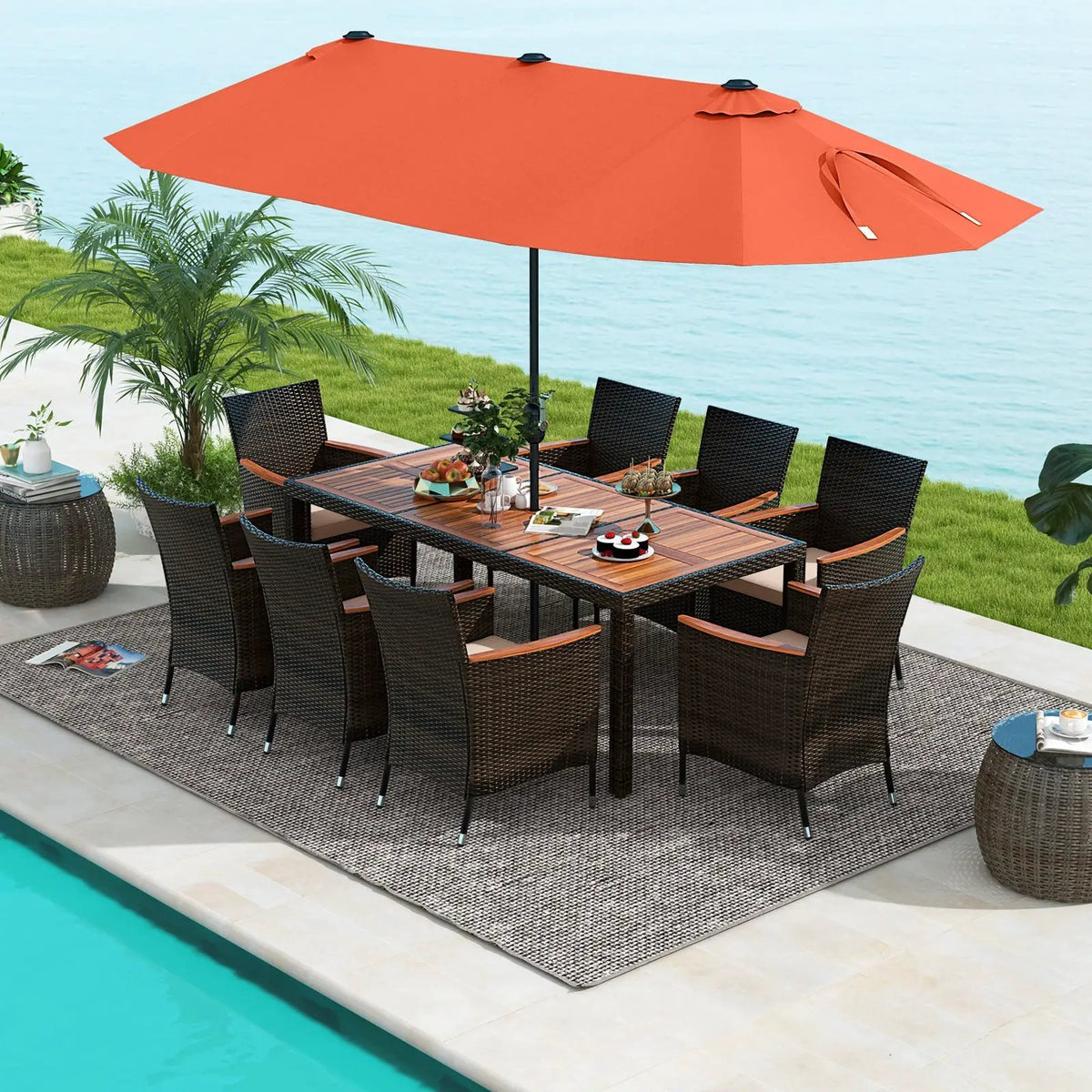 11 Pieces Patio Dining Set with 15 Feet Double-Sided Patio Umbrella and Base by DirectDeals