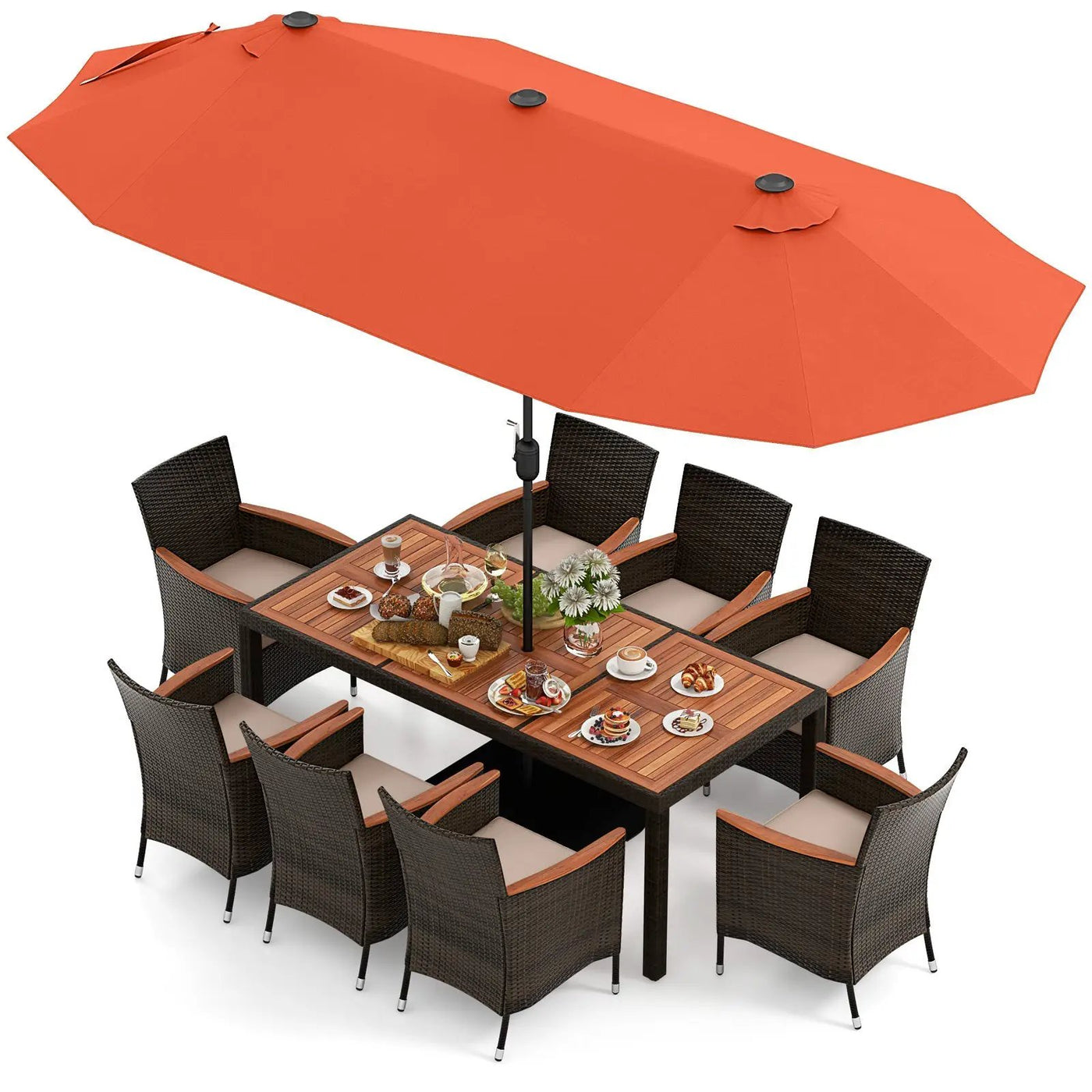 11 Pieces Patio Dining Set with 15 Feet Double-Sided Patio Umbrella and Base by DirectDeals