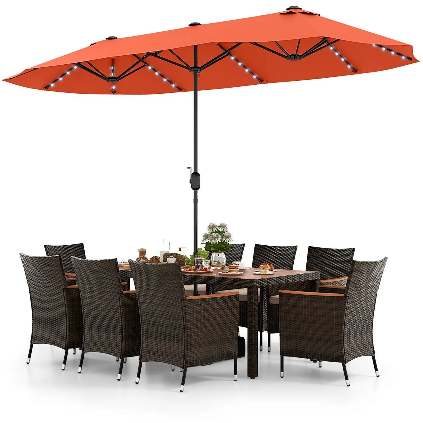 11 Pieces Patio Dining Set with 15 Feet Double-Sided Patio Umbrella and Base by DirectDeals