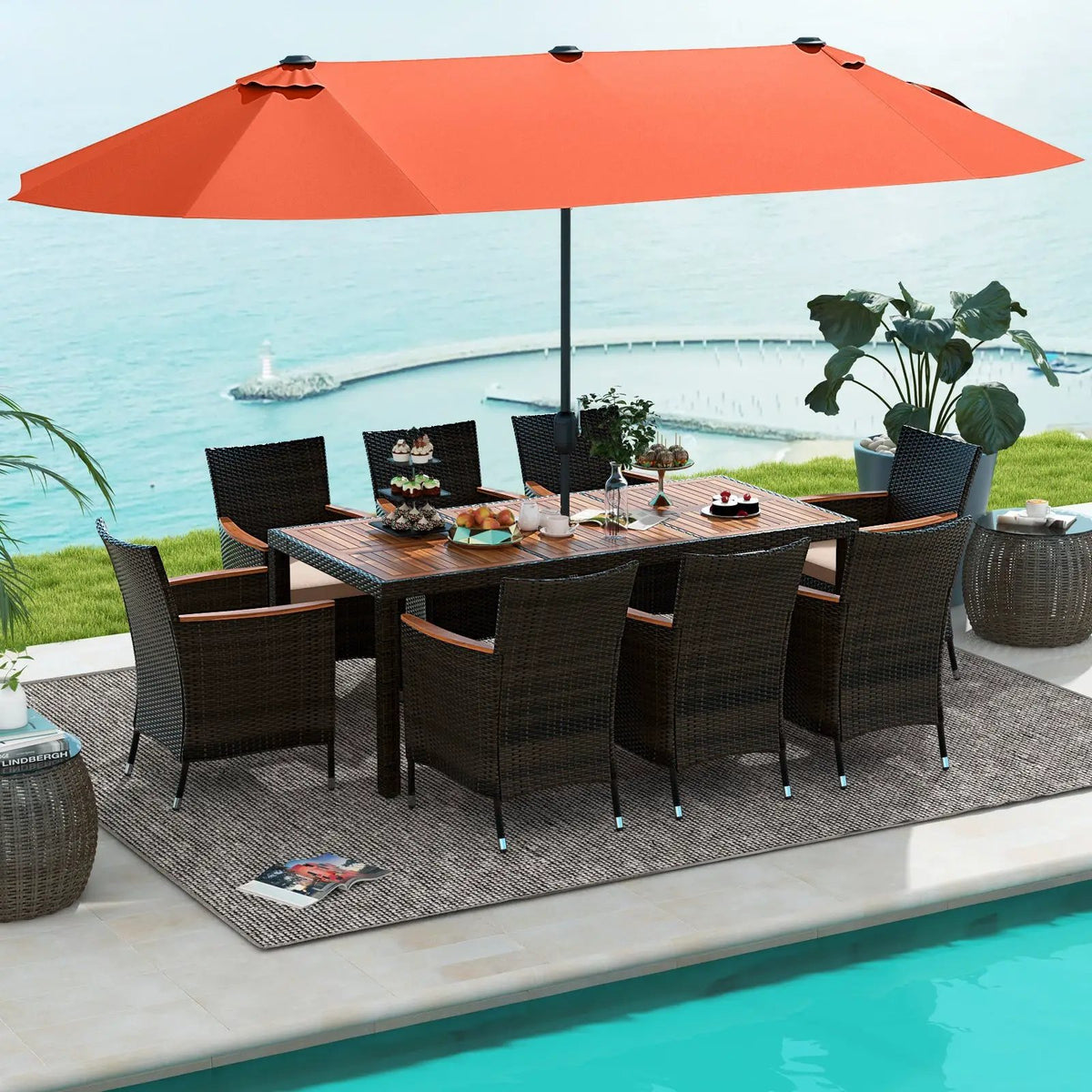 11 Pieces Patio Dining Set with 15 Feet Double-Sided Patio Umbrella and Base by DirectDeals
