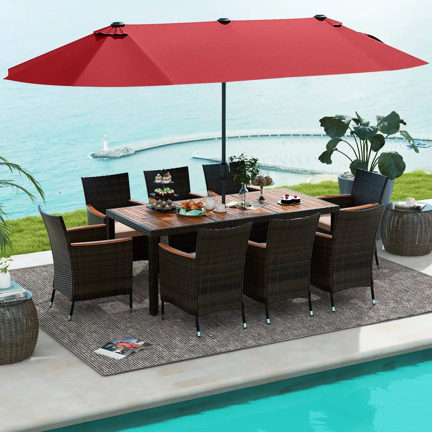 11 Pieces Patio Dining Set with 15 Feet Double-Sided Patio Umbrella and Base by DirectDeals