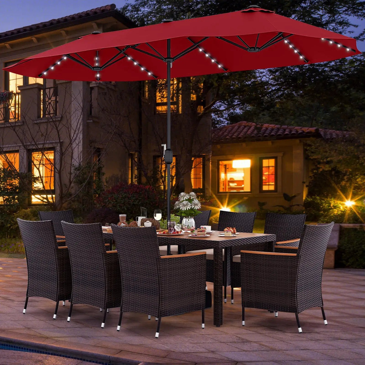 11 Pieces Patio Dining Set with 15 Feet Double-Sided Patio Umbrella and Base by DirectDeals