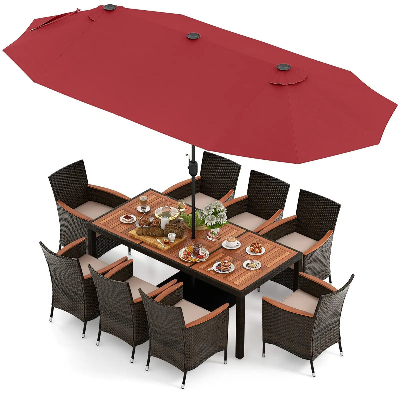 11 Pieces Patio Dining Set with 15 Feet Double-Sided Patio Umbrella and Base by DirectDeals