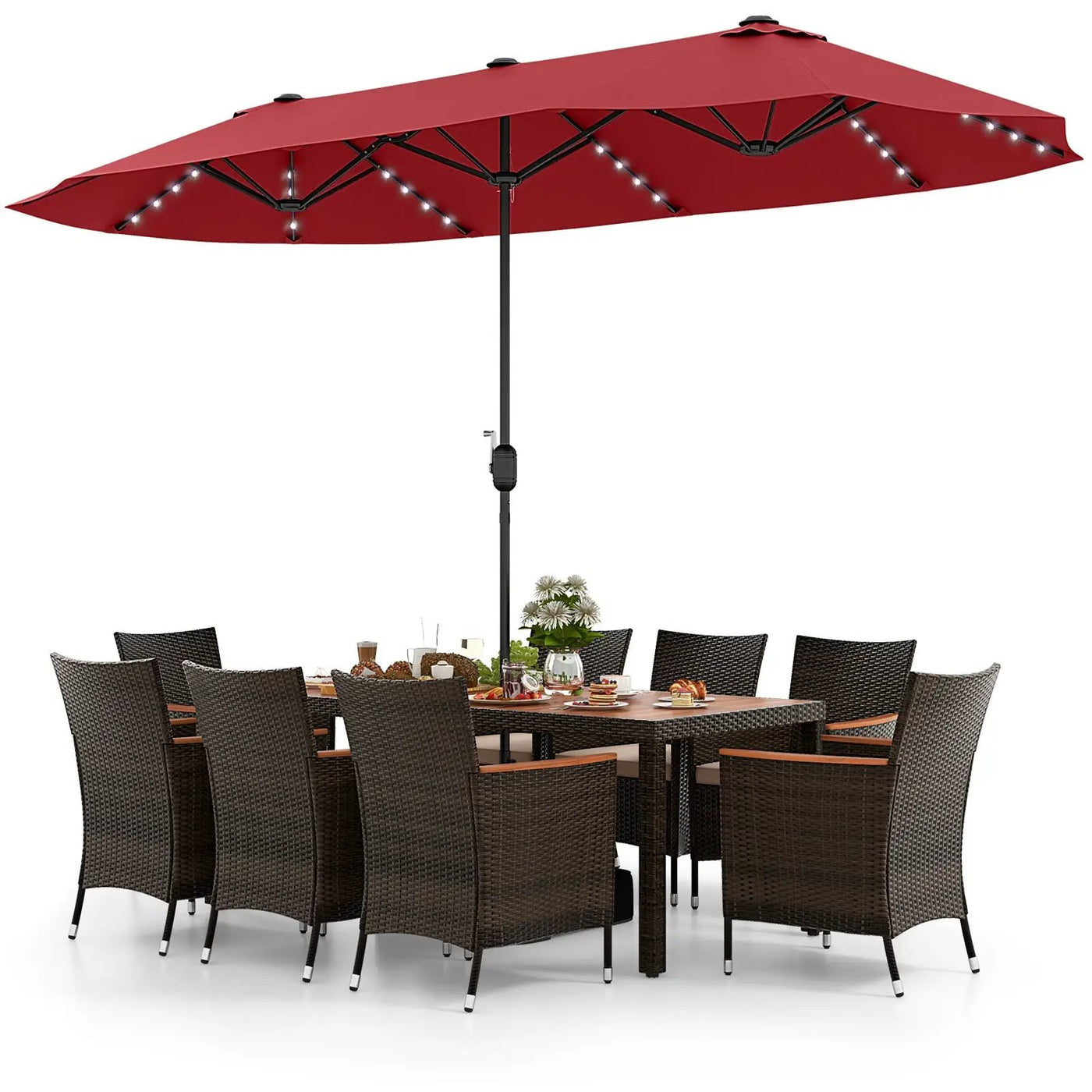 11 Pieces Patio Dining Set with 15 Feet Double-Sided Patio Umbrella and Base by DirectDeals