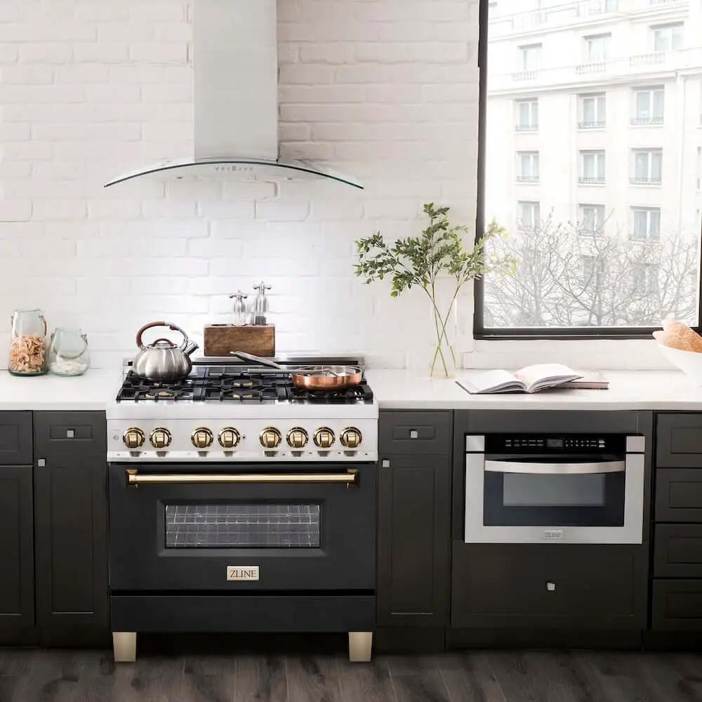 ZLINE 36" Autograph Dual Fuel Range, Black, Gold, RAZ-BLM-36-G by Farmhouse Kitchen and Bath