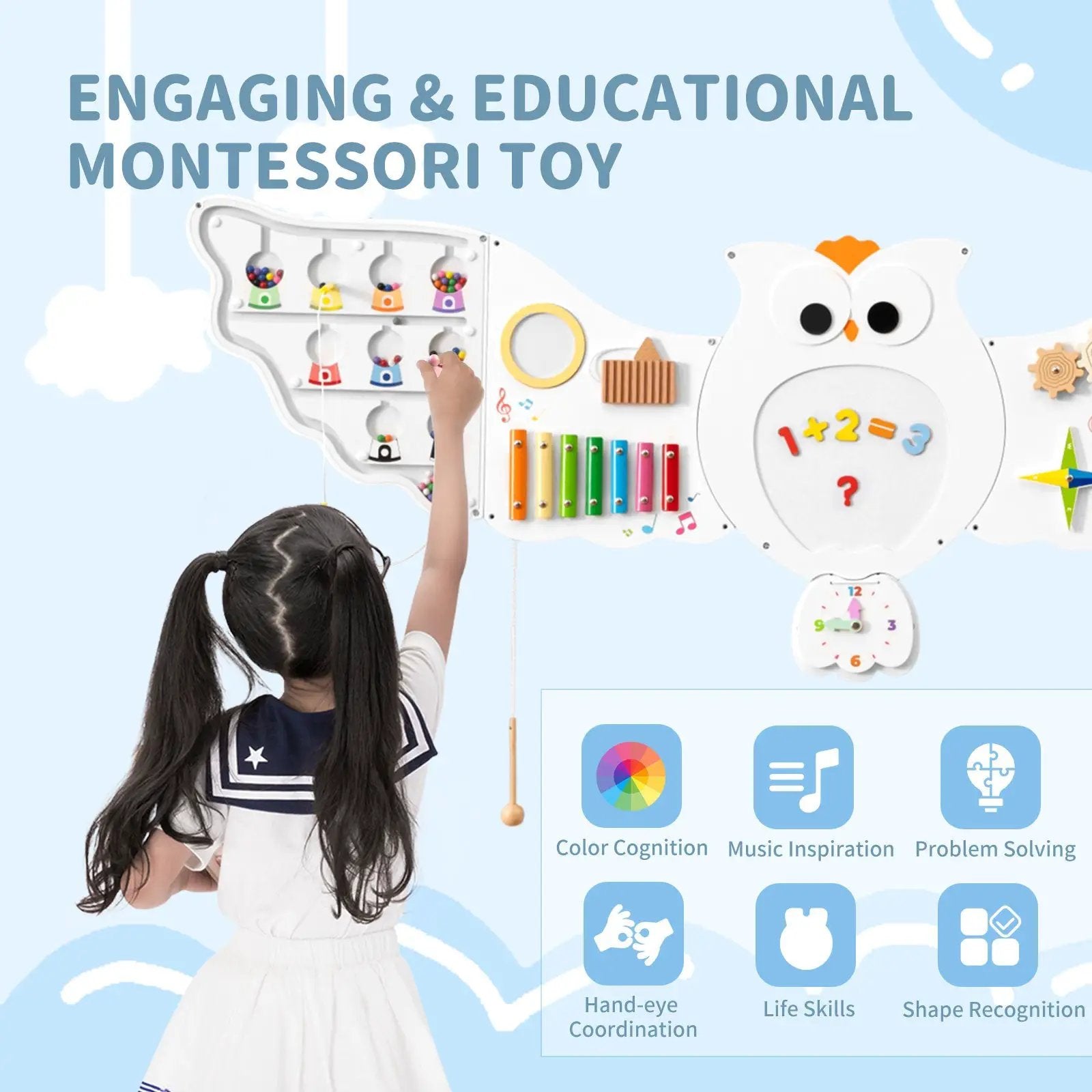 11-in-1 Toddler Learning Activity Center Owl Activity Wall Busy Board Panels for 3+ Years Old by DirectDeals