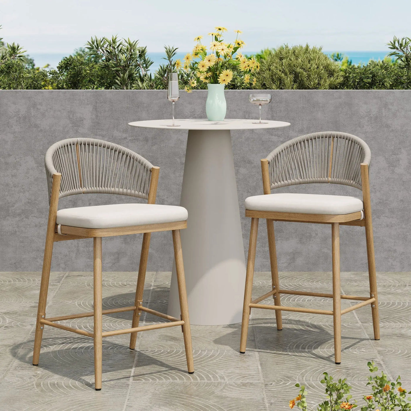 Outdoor 26" Counter Height Metal Frame Counter Stools With Scallop Shaped Backrest & Water Resistant Cushions by HouseOfZazla
