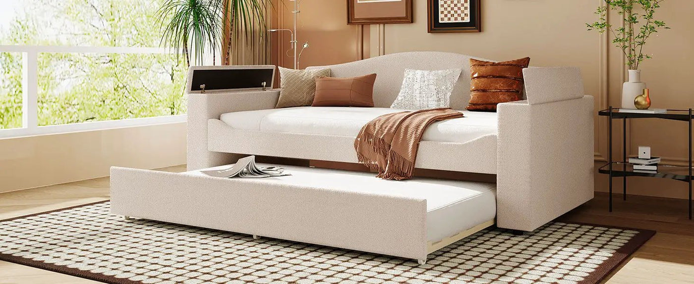 Upholstered Daybed With Storage Armrests, Trundle And Latest Integrated tooth Audio System by HouseOfZazla