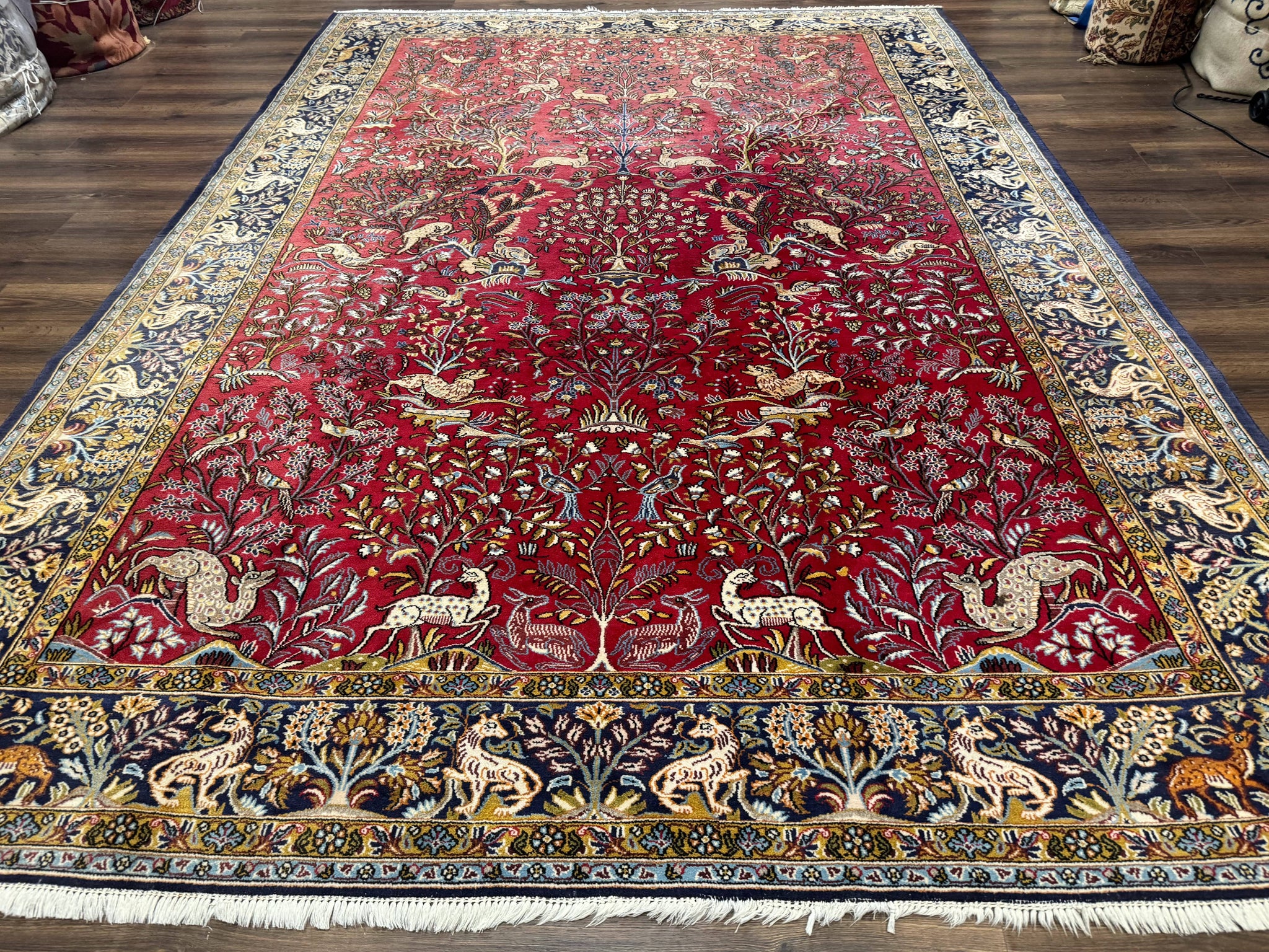 Persian Qum Rug 9x12, Animal Pictorials, Deer Birds, Tree of Life, Red and Navy Blue by Jewel Rugs