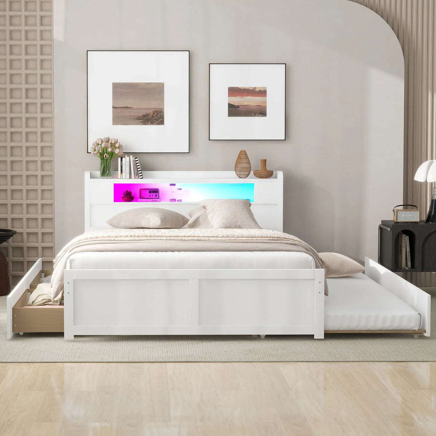 Storage Platform Bed With LED Lights, 2 Drawers And Trundle by Unique Piece Furniture