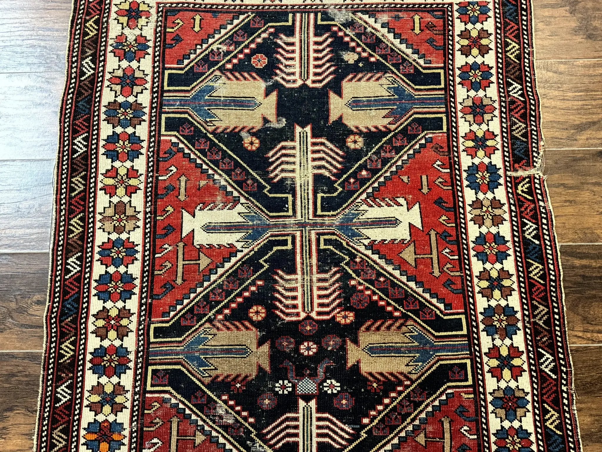 Antique Shirvan Caucasian Rug 3x5, Geometric Pattern, Red Navy Blue Beige by Jewel Rugs