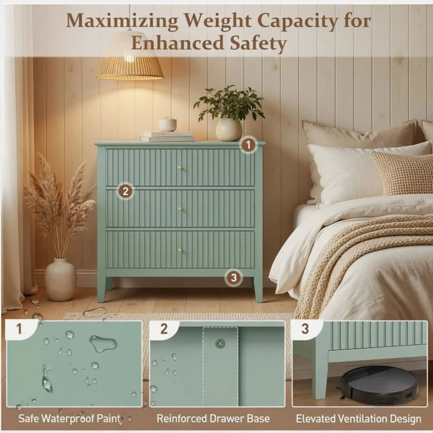 Fluted 3 Drawer Nightstand With Soft Close Slides by HouseOfZazla