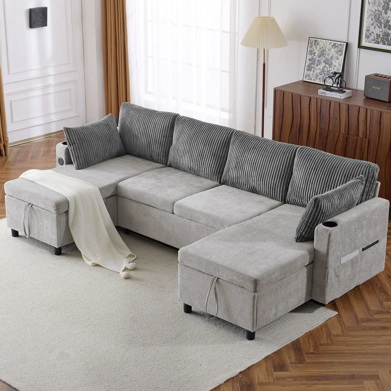 Sectional Sofa Bed With Pull Out Sleeper, USB Ports, Cup Holders by HouseOfZazla