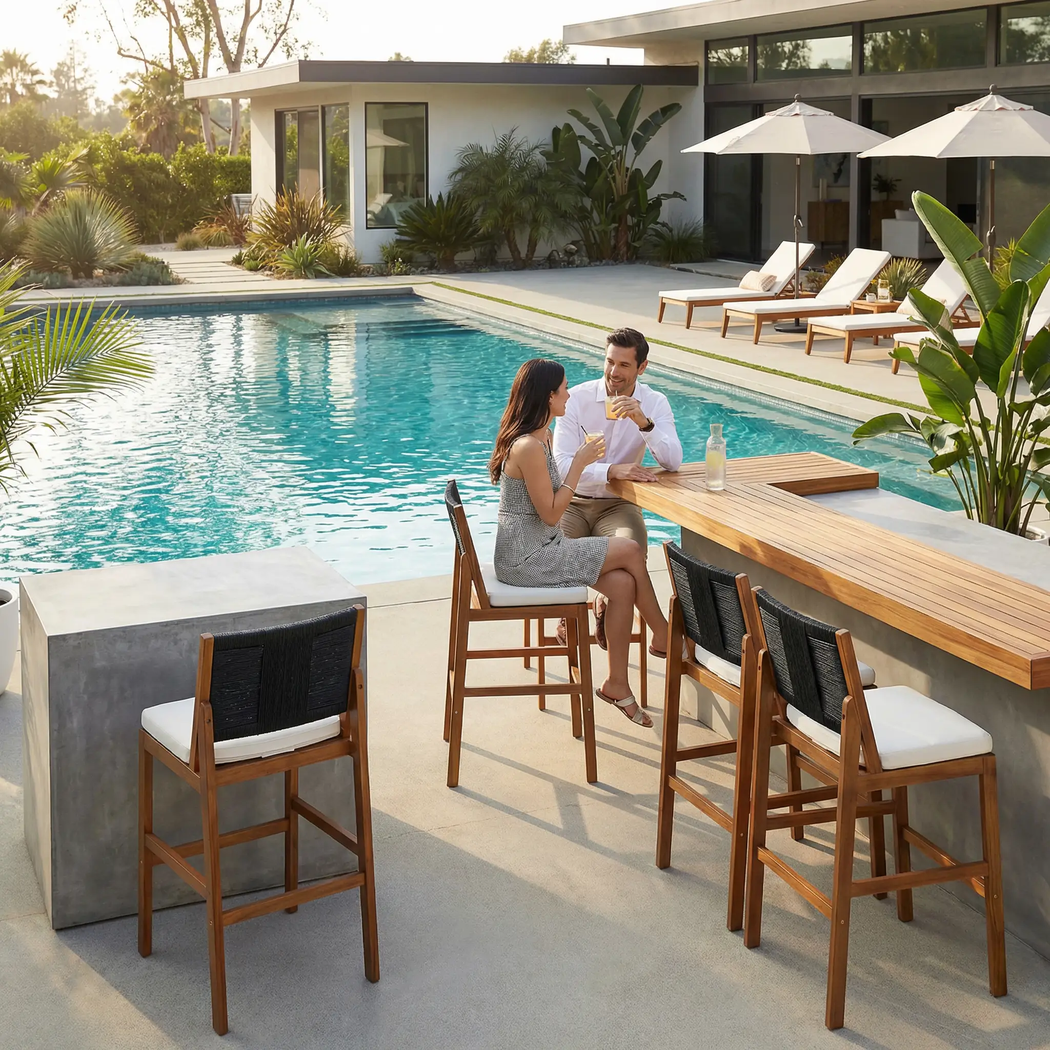 4 Pieces Arly Black Outdoor Bar Stool Solid Acacia Wood and Woven Wicker by HouseOfZazla