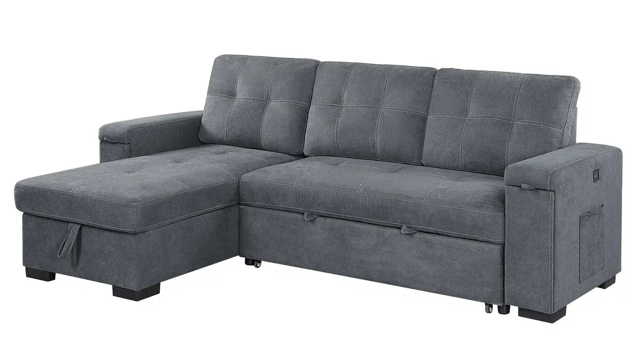 Toby - Woven Fabric Reversible Sleeper Sectional Sofa With Storage Chaise Cup Holder Charging Ports And Pockets by HouseOfZazla