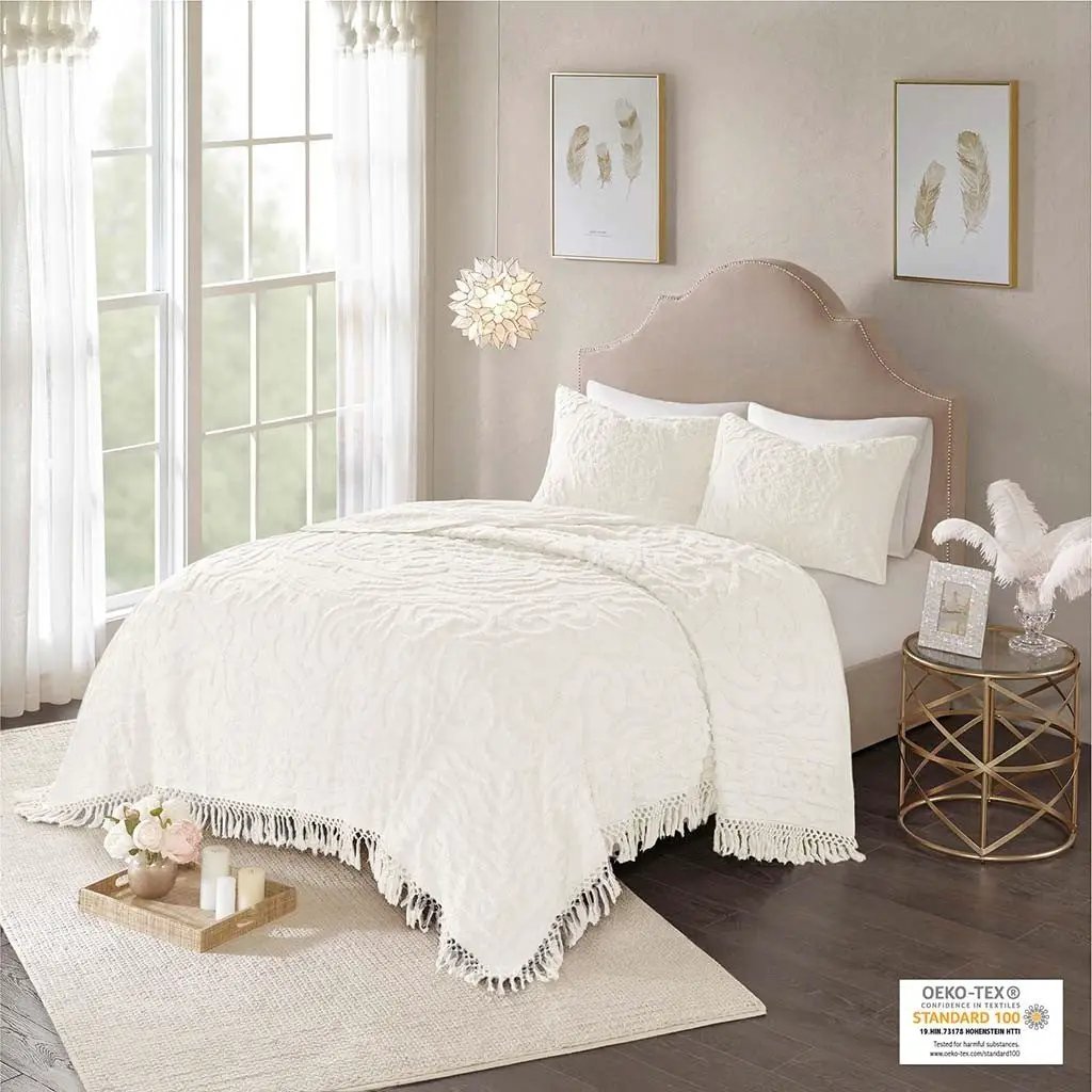 Tufted Cotton Chenille Medallion Fringe Coverlet Mini Set - Off-White by HouseOfZazla