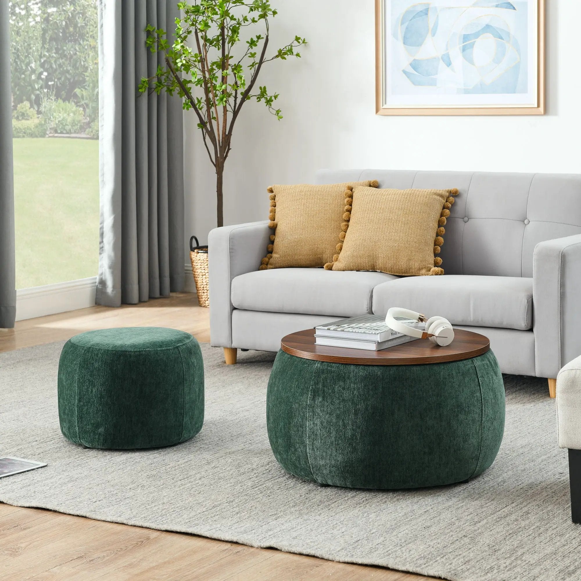 Round Storage Ottoman, 2 In 1 Function, End Table And Ottoman by Unique Piece Furniture