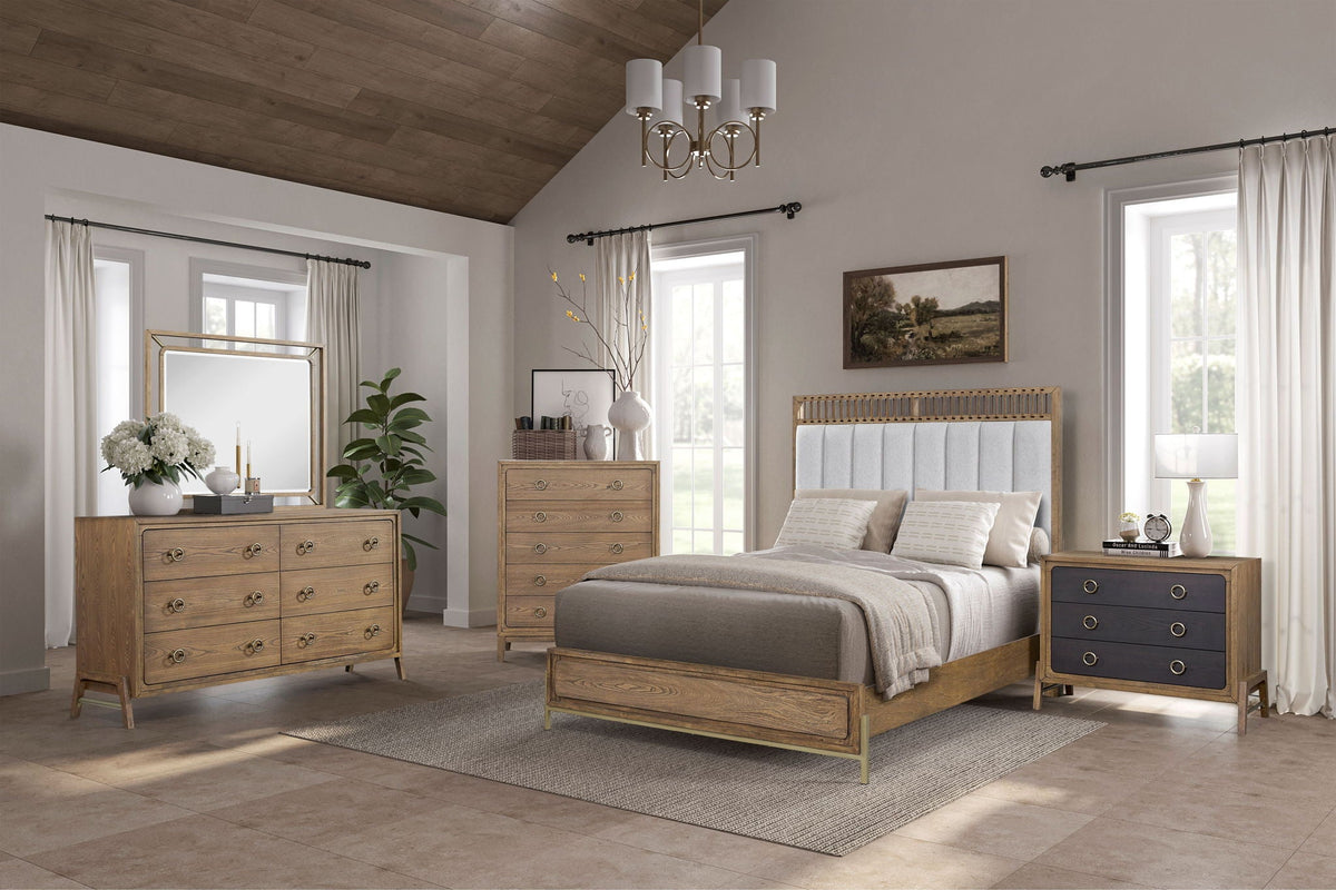 Light Brown Upholstered Panel Bed with Strap Detail - Queen or King, photo 2 of 8