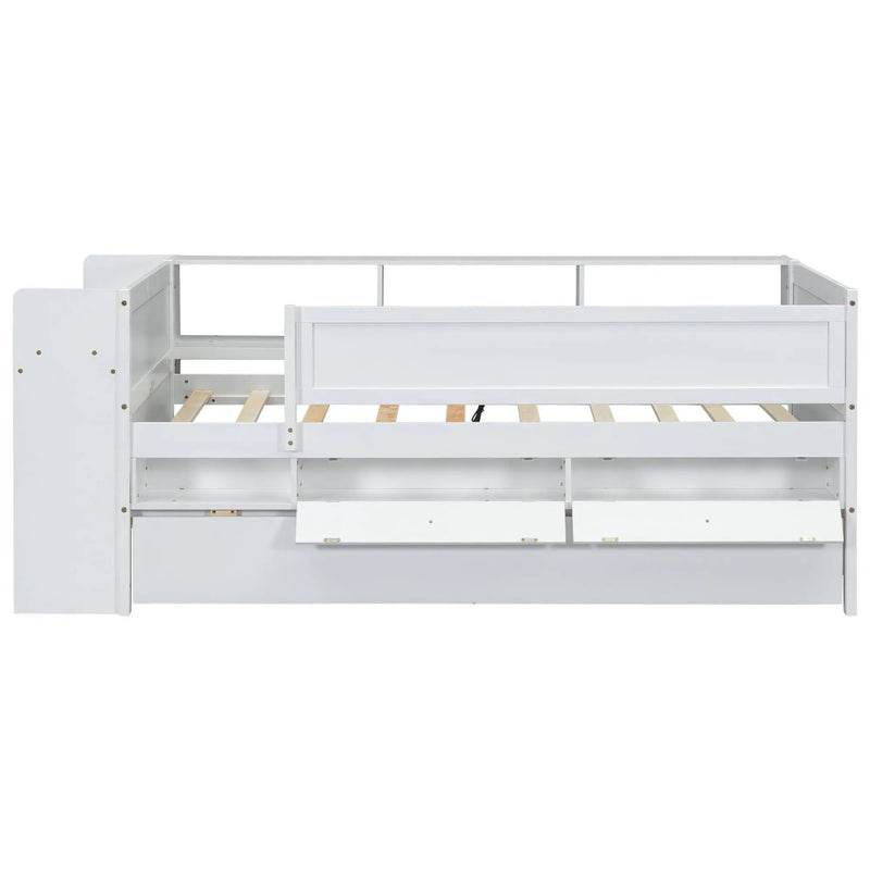 Twin Daybed With Drawers, Trundle, Headboard Storage, Study Desk, And USB Charging Station - White by HouseOfZazla