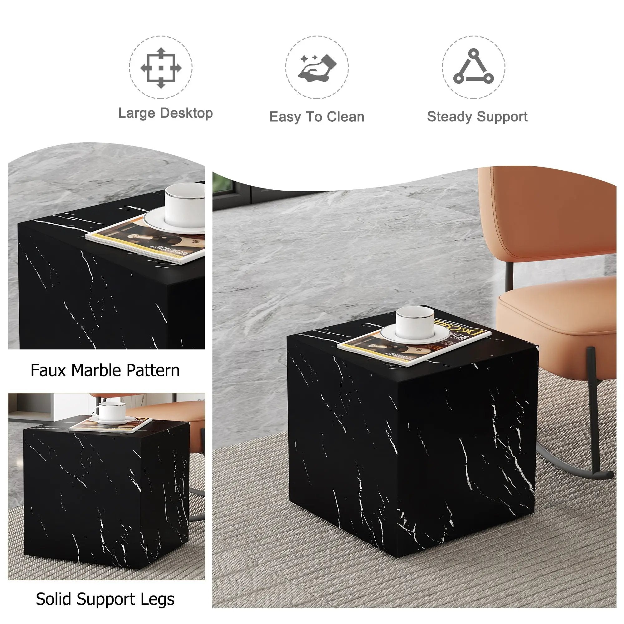 Luxurious Marble Texture Coffee Table Cube Design Elegant Living Room Accent - Black by Unique Piece Furniture