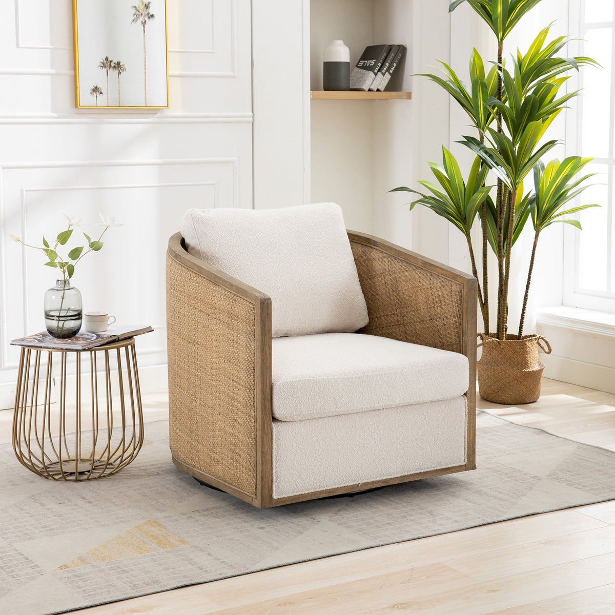 Swivel Barrel Chair, Comfy Round Accent Sofa Chair for Living Room, 360 Degree Swivel Barrel Club Chair, Leisure Arm Chair for Nursery, Hotel, Bedroom, Office, Lounge (Beige Boucle), photo 2 of 10