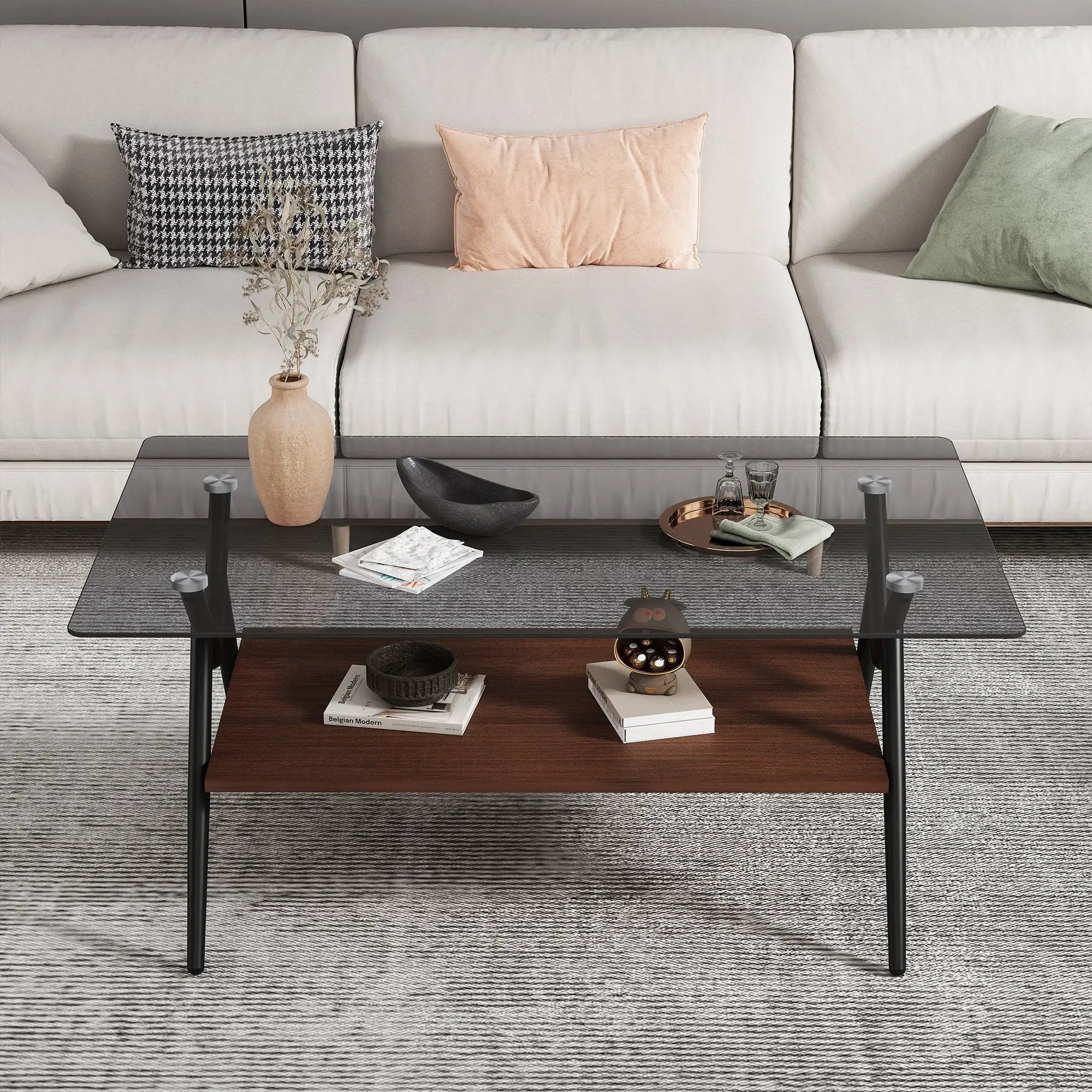 Rectangle Coffee Table With Tempered Glass Top And Shelf, Modern Table For Living Room by Unique Piece Furniture