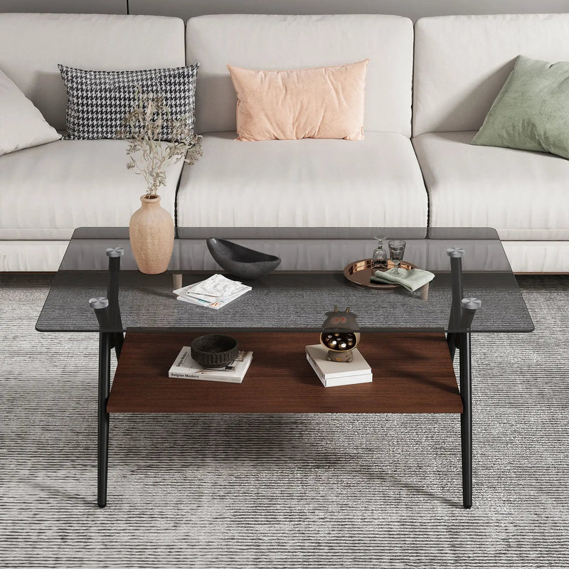 Rectangle Coffee Table With Tempered Glass Top And Shelf, Modern Table For Living Room by Unique Piece Furniture