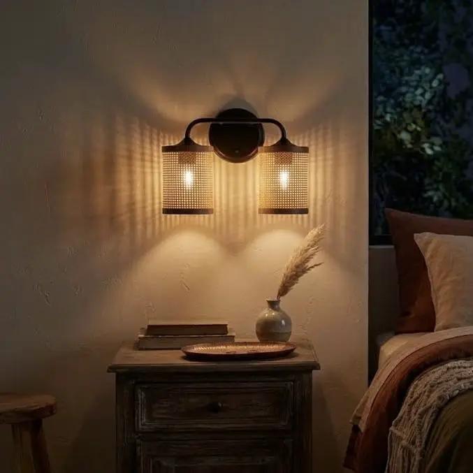 Quell - Double Light Vanity With Natural Shade Wall Lamp - Black / Rattan by HouseOfZazla