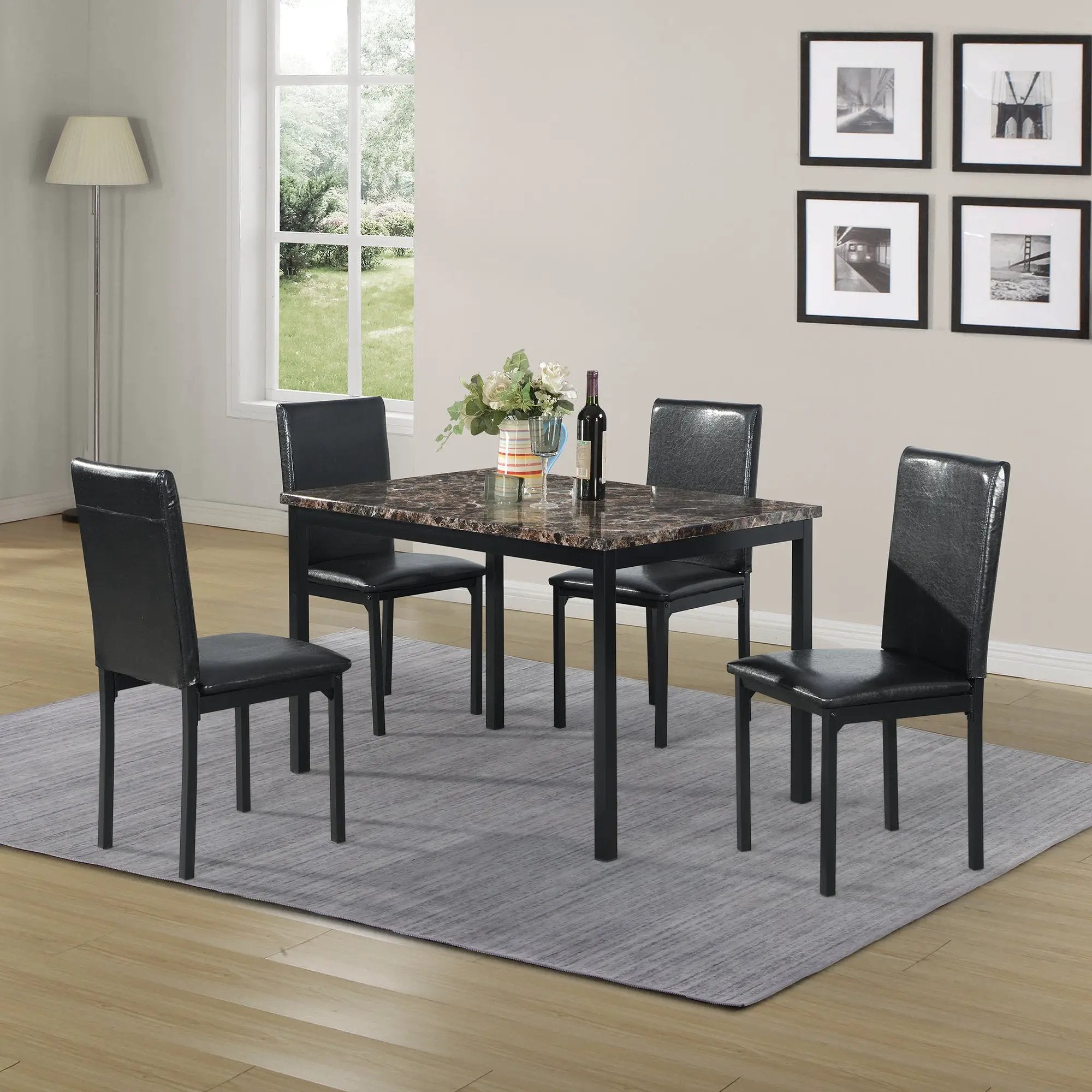 Furniture 5 Piece Metal Dinette Set with Faux Marble Top - Black by HouseOfZazla