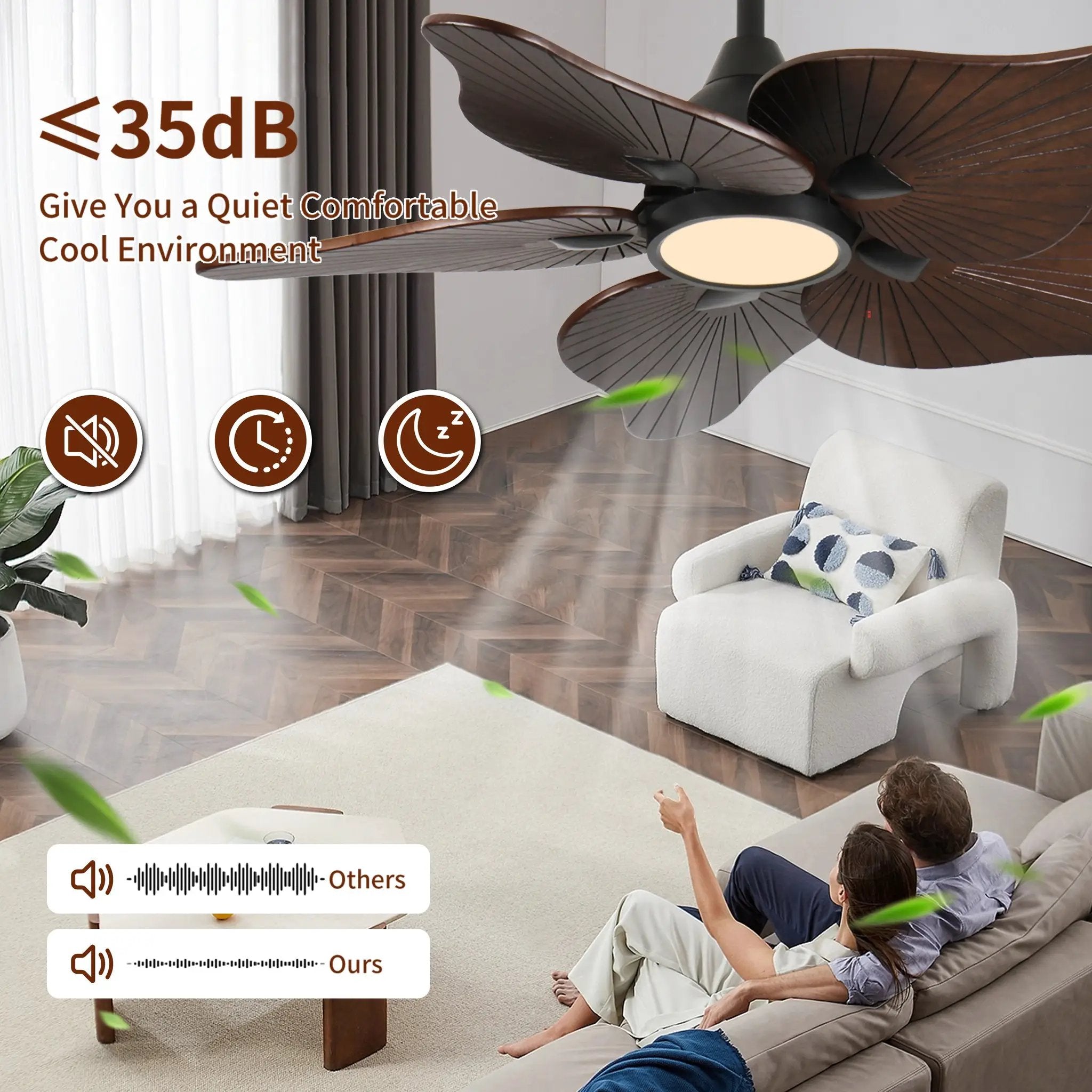 44-Inch Ceiling Fan with Light, 5 Solid Wood Blades, DC Motor by HouseOfZazla