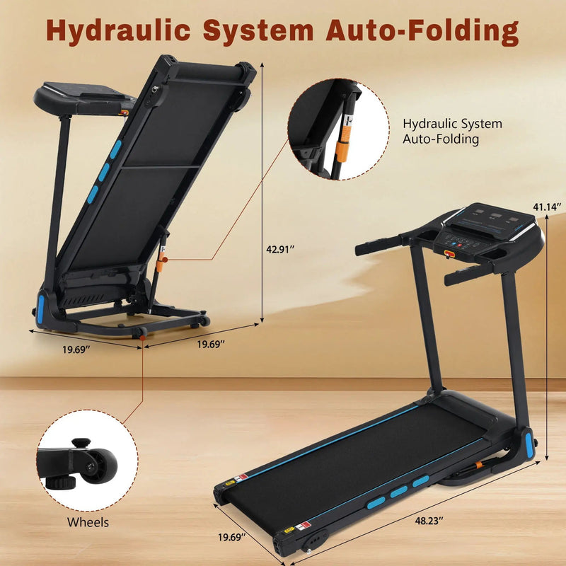 3.5Hp Hydraulic System Auto Foldable Treadmill With Incline, Heart Rate Sensors, Type C & USB Charge, Bluetooth Speaker - Black by HouseOfZazla