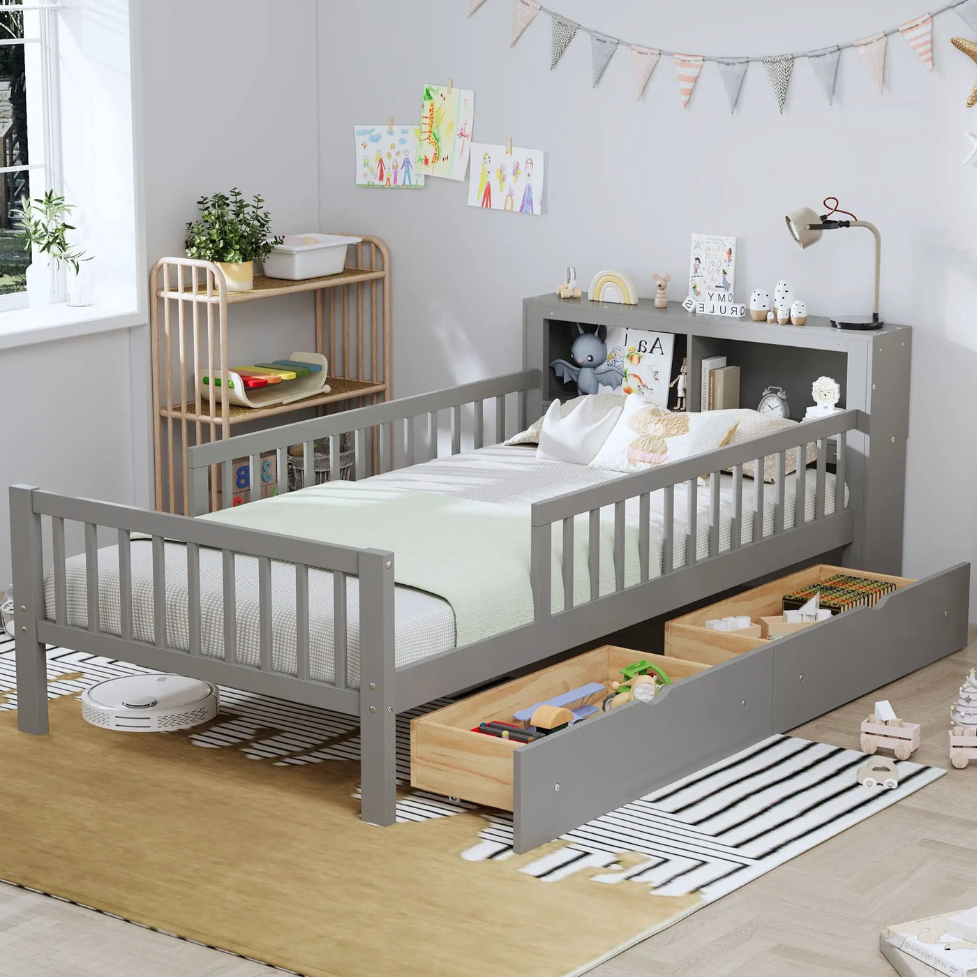 Bed With Headboard Storage Rack, 2 Under Bed Drawers, 3 Side Guardrails For Safety by Unique Piece Furniture