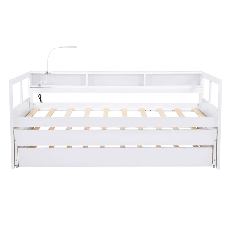 Daybed With 2 Trundles, 3 Storage Cubbies, Built In USB Charging Light