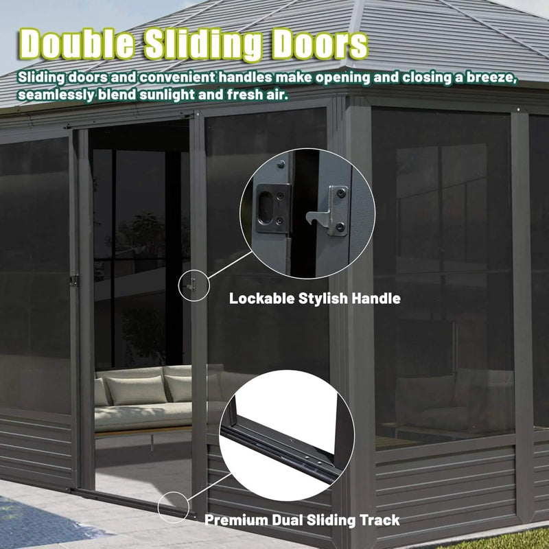 [11X14FT] Alora Meridian Premium Four Season Outdoor Aluminum Hardtop Gazebo Sunroom With Galvanized Steel Roof, Sliding Doors And Movable PVC Screen Walls (SAK88776) by SAKSBY WHOLESALE