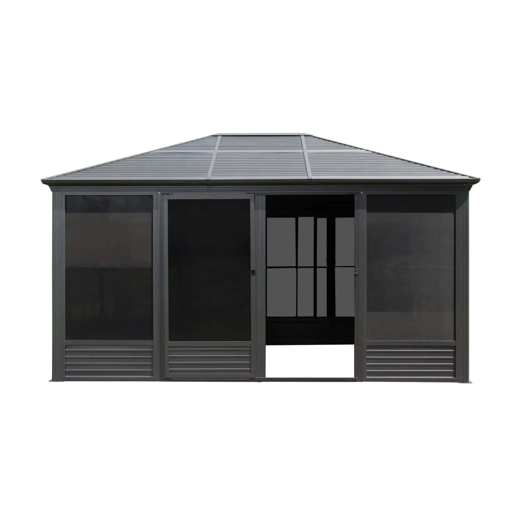 [11X14FT] Alora Meridian Premium Four Season Outdoor Aluminum Hardtop Gazebo Sunroom With Galvanized Steel Roof, Sliding Doors And Movable PVC Screen Walls (SAK88776) by SAKSBY WHOLESALE