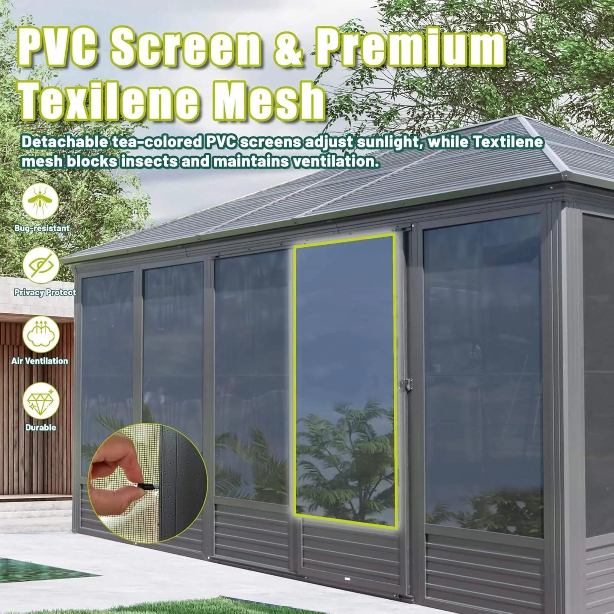 [11X14FT] Alora Meridian Premium Four Season Outdoor Aluminum Hardtop Gazebo Sunroom With Galvanized Steel Roof, Sliding Doors And Movable PVC Screen Walls (SAK88776) by SAKSBY WHOLESALE