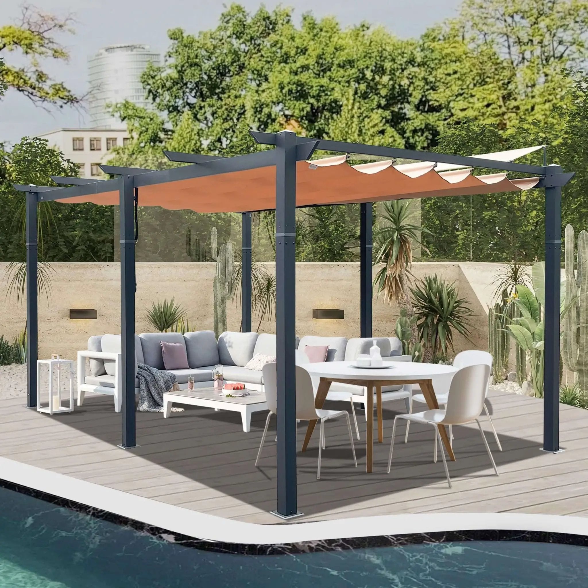 [11X16FT] Alora Heavy-Duty Outdoor Retractable Aluminum Pergola With Weather-Resistant Canopy (SAK91853) by SAKSBY WHOLESALE