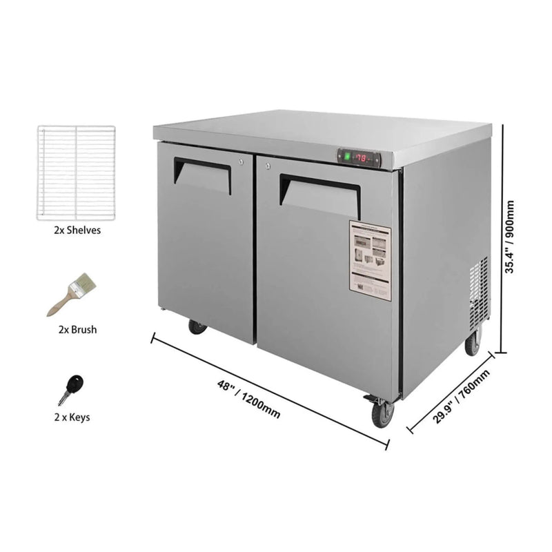 12.9 Cu.Ft 2-Door 48-Inch Commercial Stainless Steel Worktop Undercounter Refrigerator (SAK26049) by SAKSBY WHOLESALE