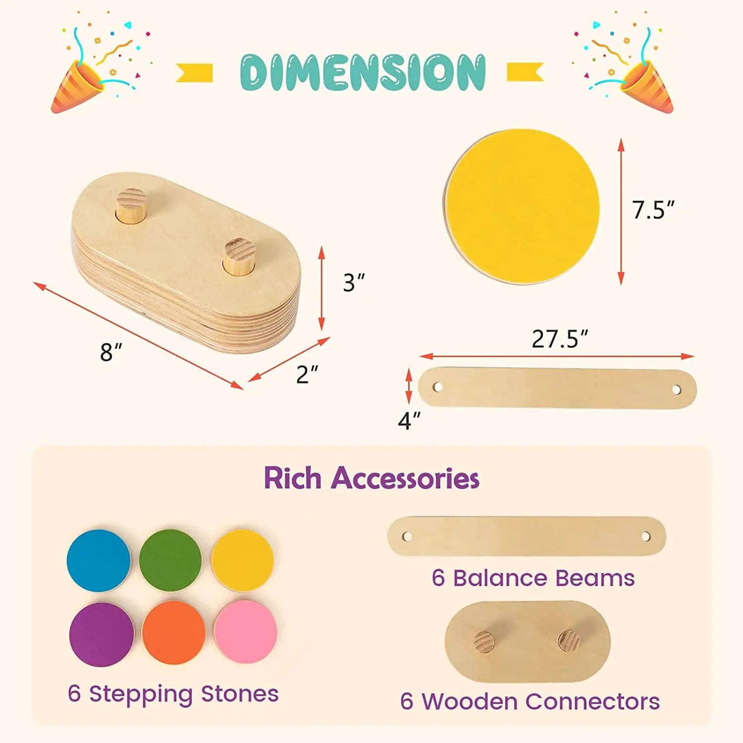 12-Piece Kids Wooden Balance Beam with Colorful Steeping Stones by DirectDeals