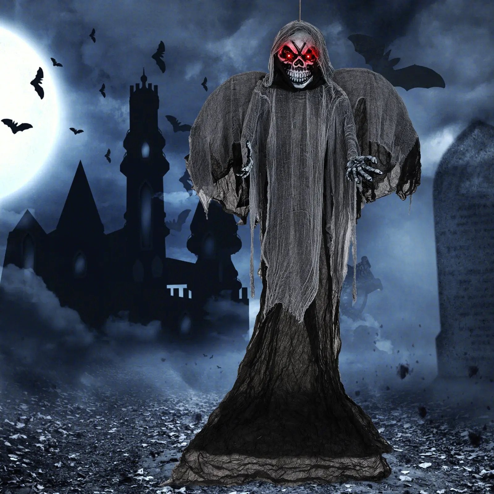 12.1 Ft Skeleton Ghost with Flickering Red Eyes and Scary Sounds by DirectDeals