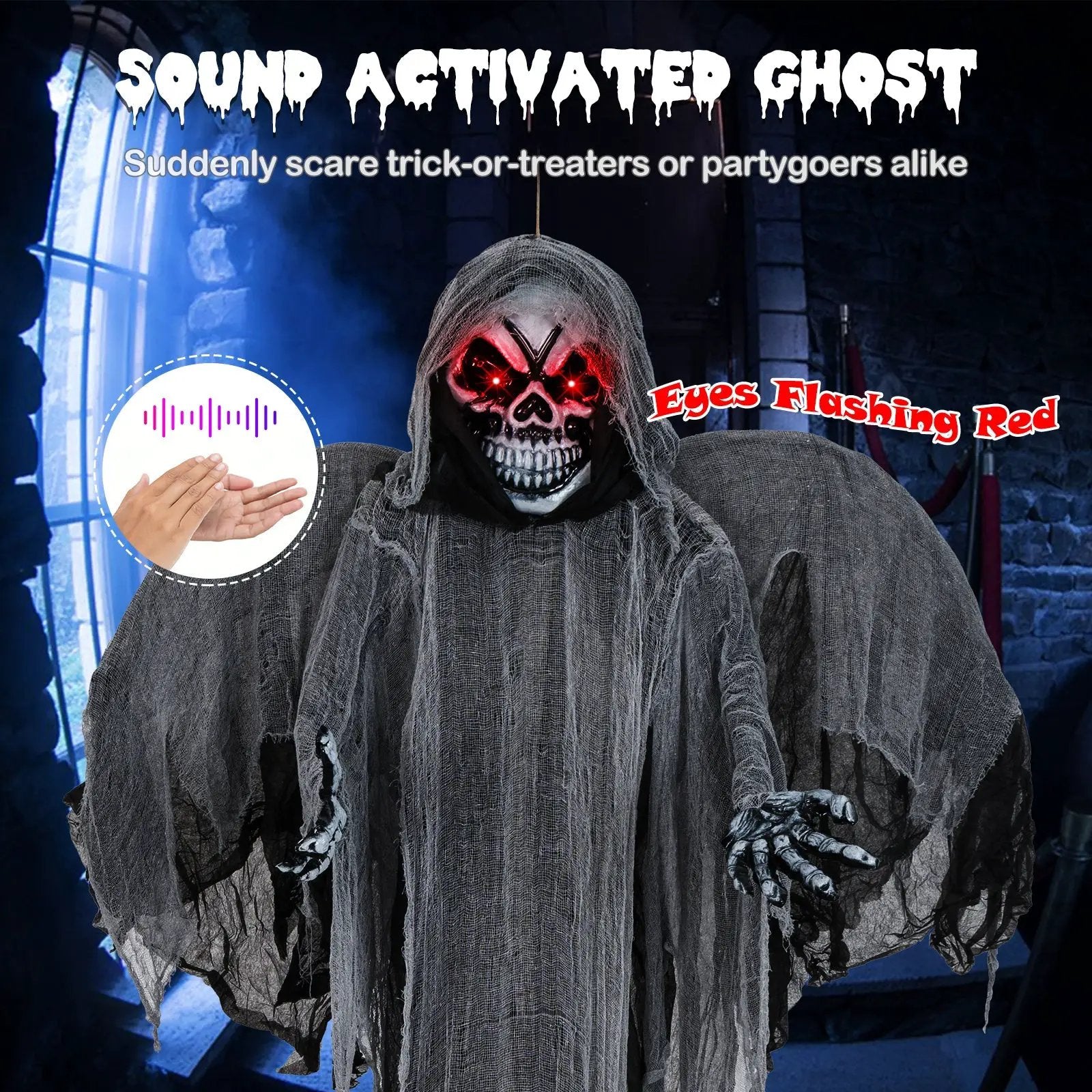 12.1 Ft Skeleton Ghost with Flickering Red Eyes and Scary Sounds by DirectDeals