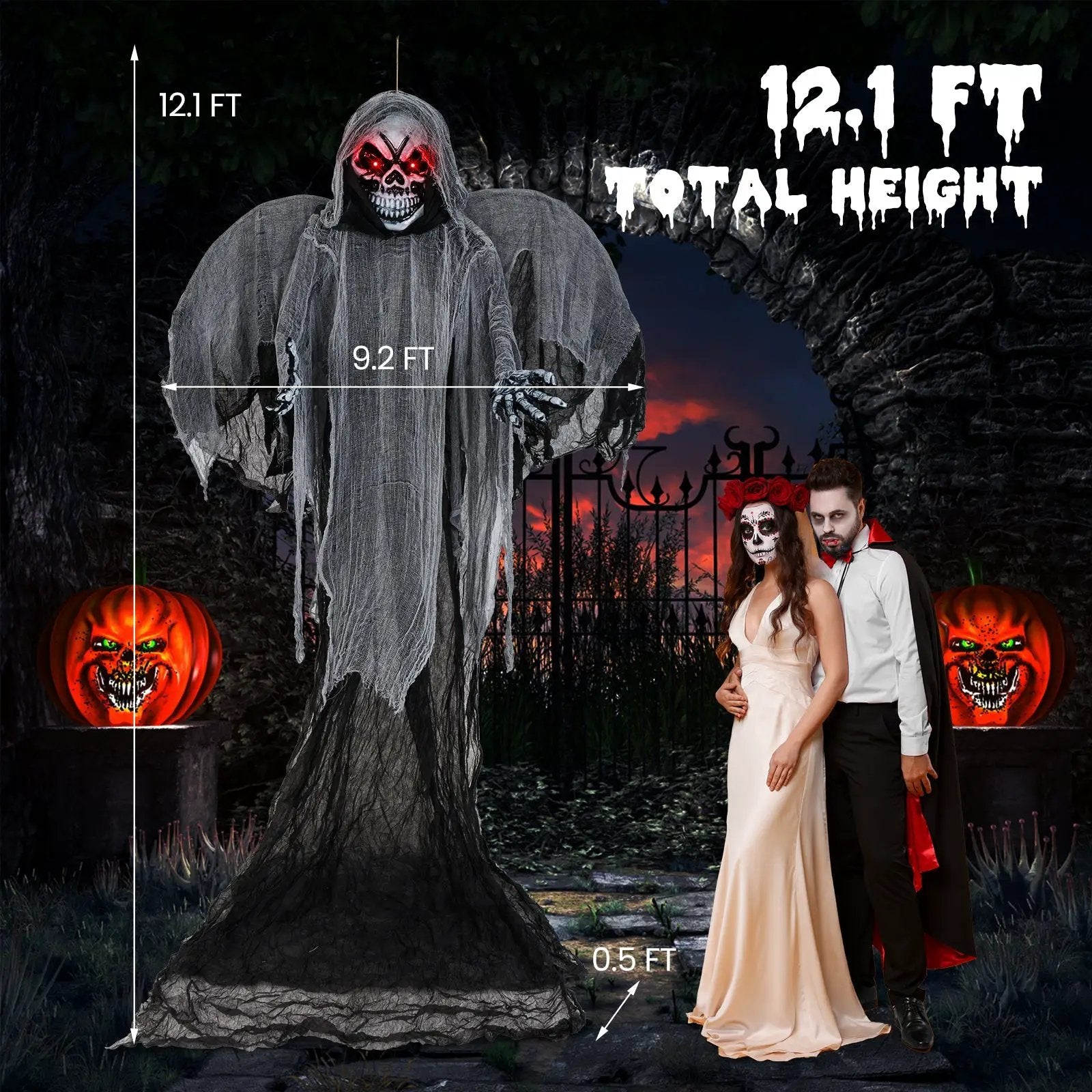 12.1 Ft Skeleton Ghost with Flickering Red Eyes and Scary Sounds by DirectDeals