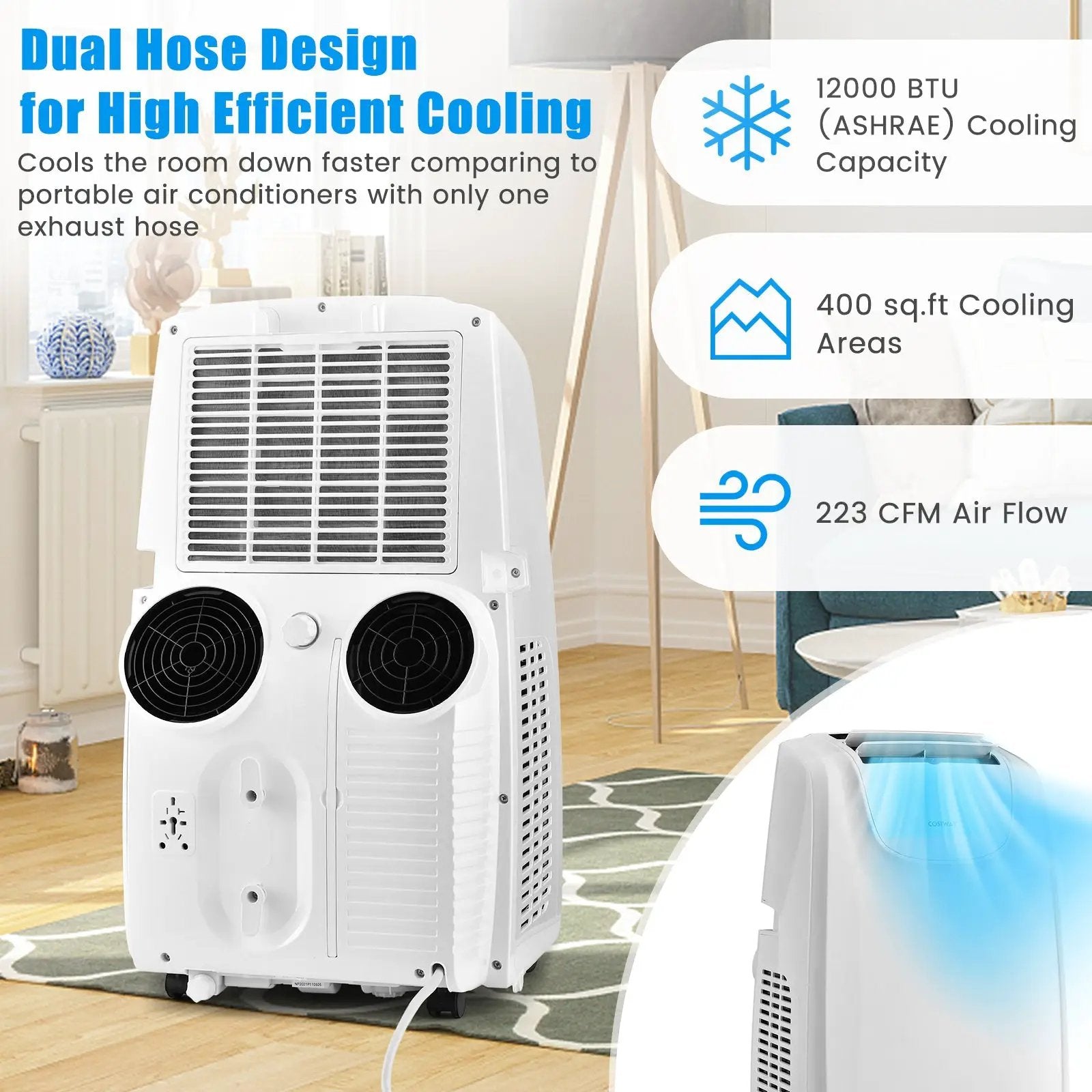 12000 BTU Dual Hose Portable Air Conditioner with Remote Control-White by DirectDeals