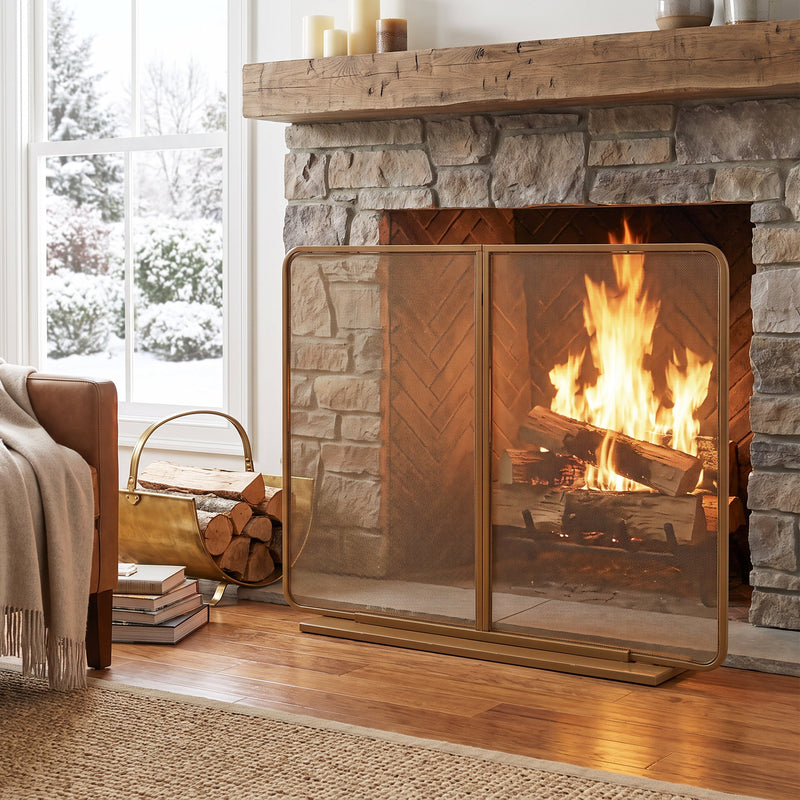 Gold Two‑Panel Freestanding Fireplace Screen with Iron Mesh - Gold