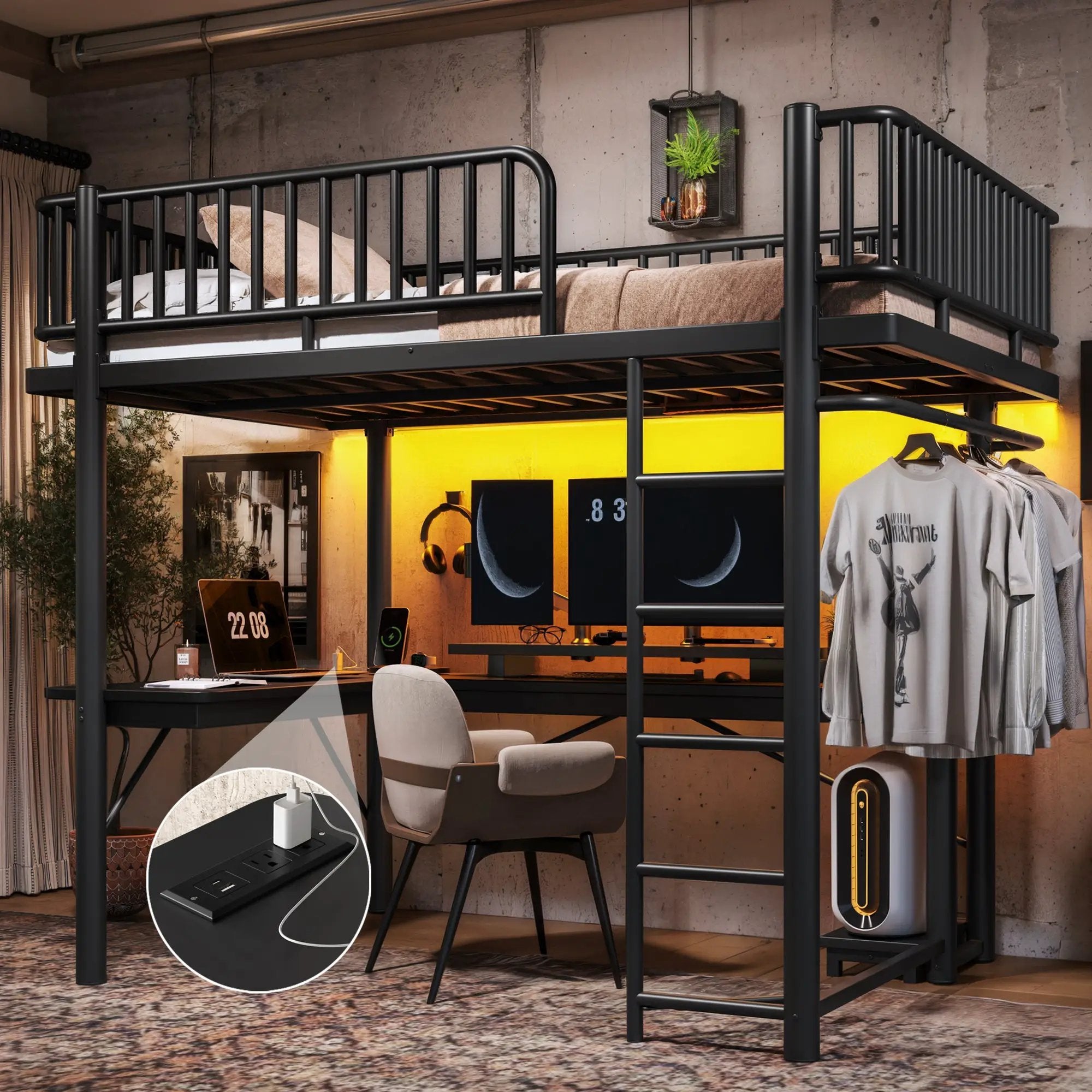 Full Loft Bed with L-Shaped Desk and LED Light Strip by HouseOfZazla